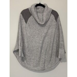 Maison Jules Womens XL Grey Cowl Neck Waffle Knit Poncho Sweater Suede Patches